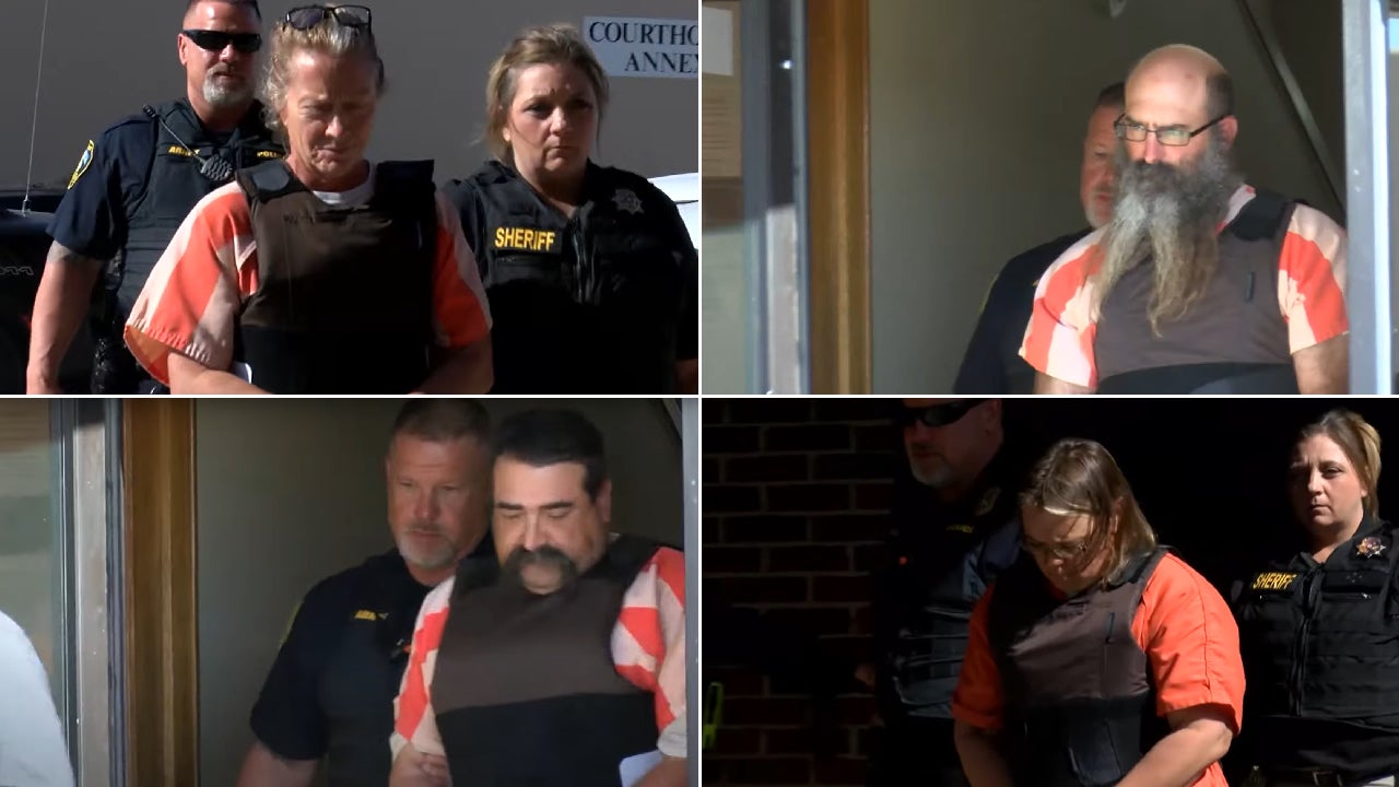 Top: Tifany Machel Adams, 54, and Tad Bert Cullum, 43. Bottom: Cole Earl Twombly, 50, and Cora Twombly, 40, at the Texas County Courthouse, Oklahoma, 17 April 2024