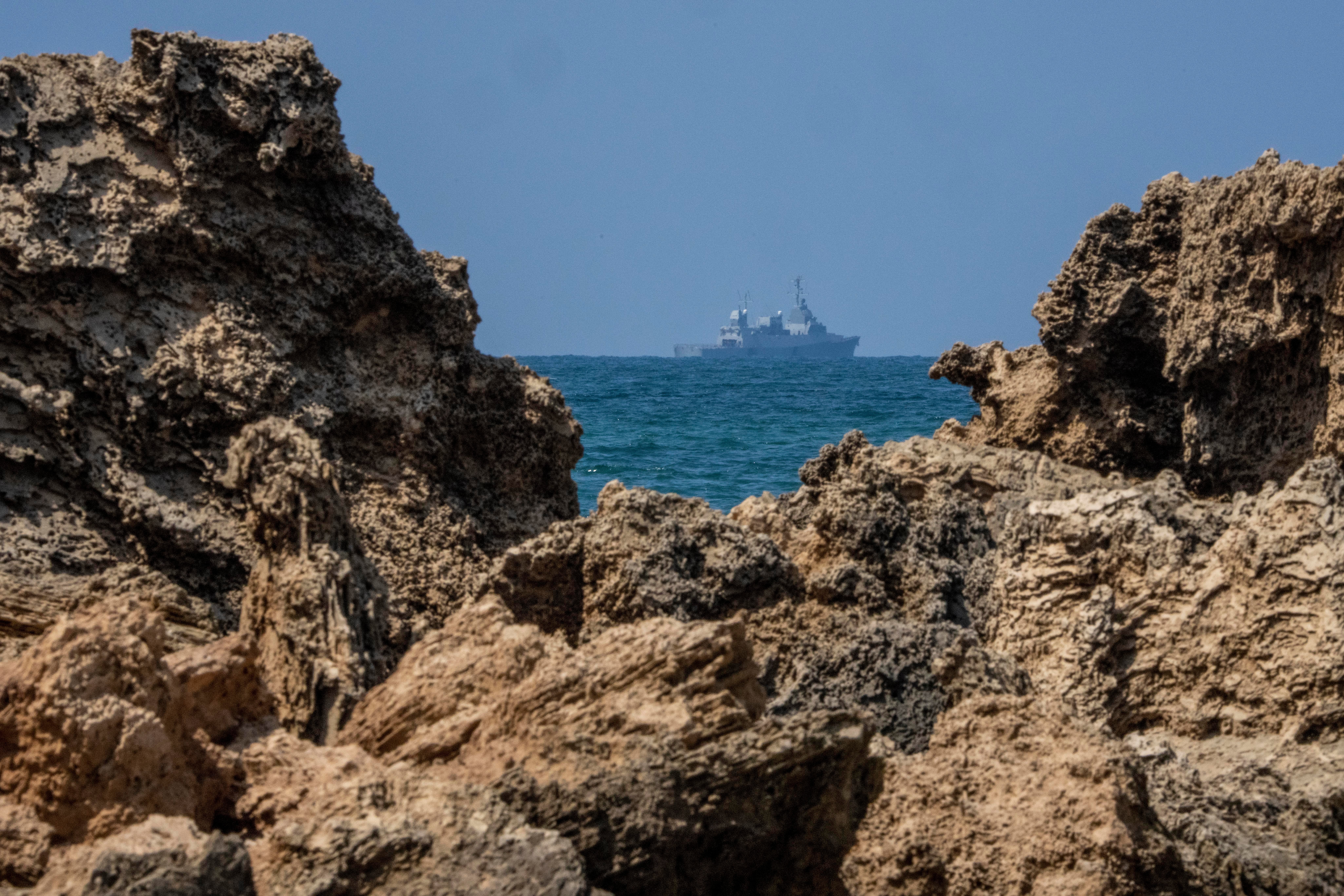 An Israeli military naval ship patrols the Mediterranean Sea off the coast of Hadera, Israel