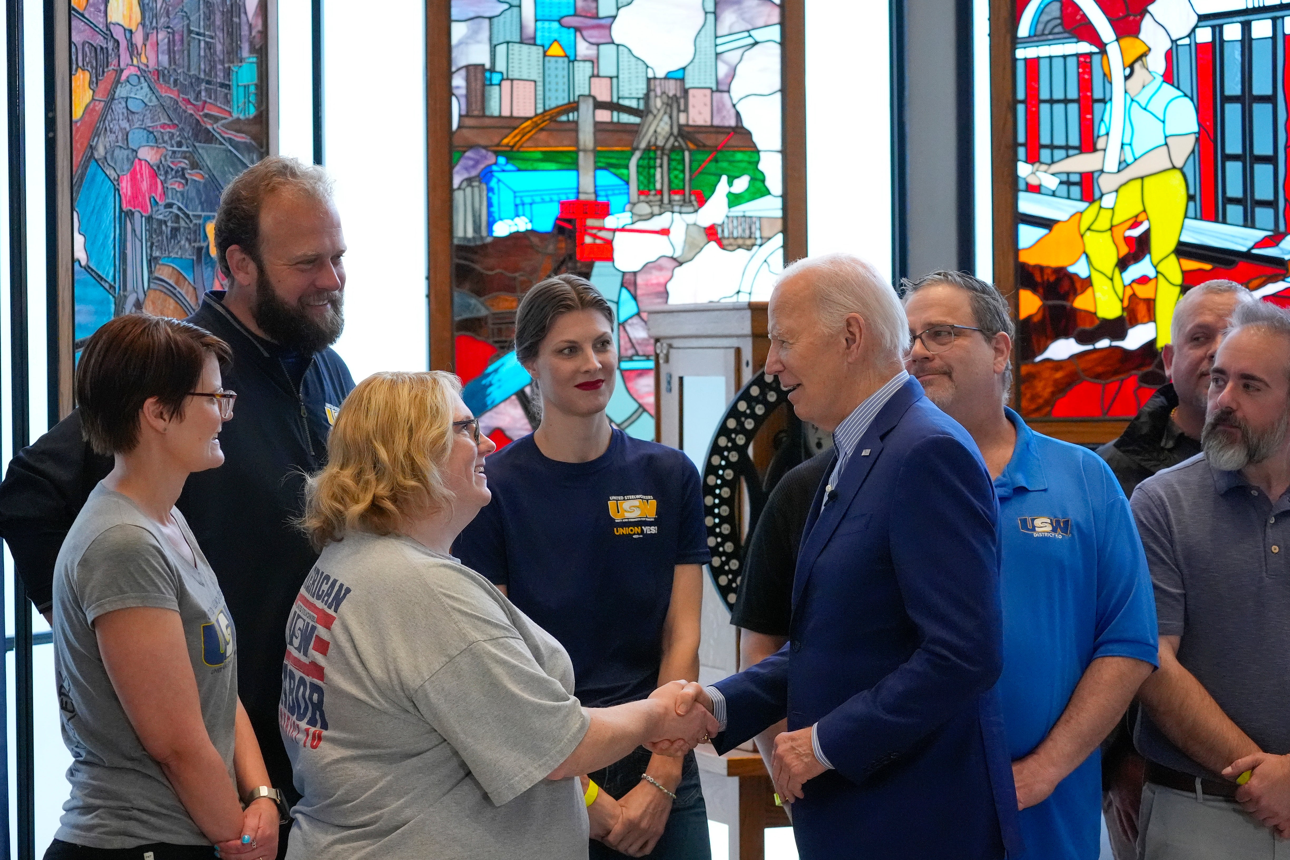 President Joe Biden greeting steelworkers at United Steelworkers Headquarters, Wednesday, 17 April 17, 2024, in Pittsburgh