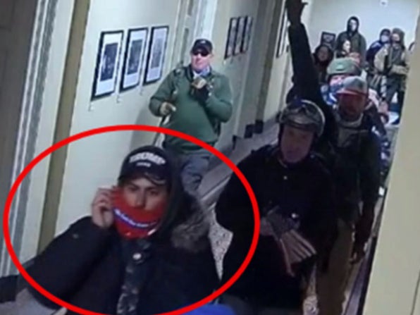 Screenshot from US Capitol surveillance footage shows Tyler Campanella on the second floor of the building during the January 6 Capitol riot