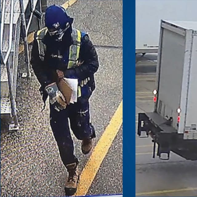 <p>Authorities arrested five individuals involved in Canada’s largest gold heist. This picture shows one of the suspects and a truck that was used to steal about $20m CAD in gold, authorities said. </p>