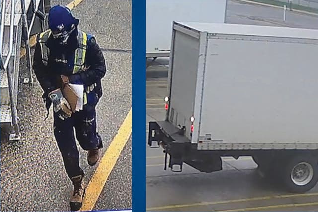 <p>Authorities arrested five individuals involved in Canada’s largest gold heist. This picture shows one of the suspects and a truck that was used to steal about $20m CAD in gold, authorities said. </p>