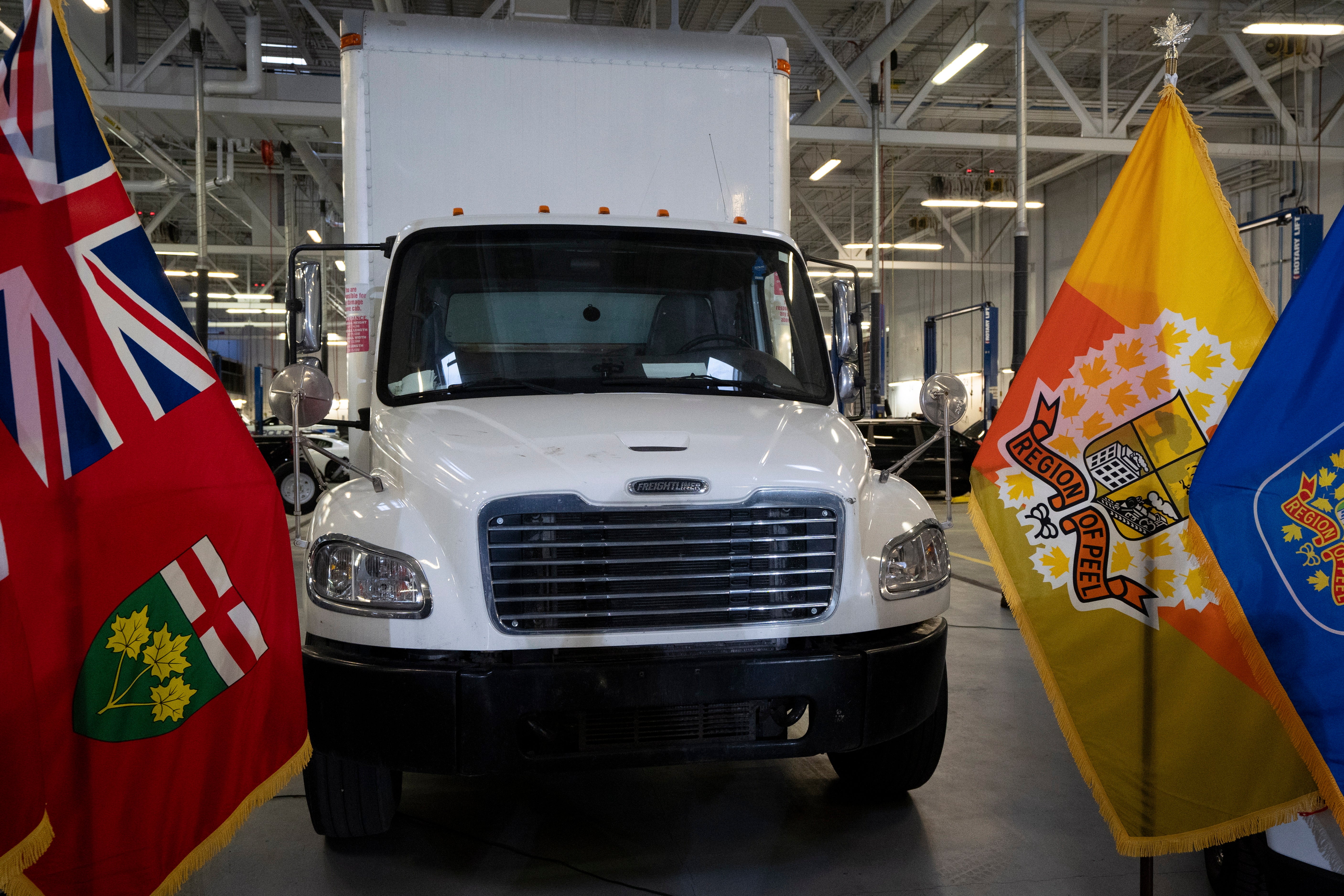 A truck used to transport stolen gold is displayed at a press conference regarding Project 24K a joint investigation into the theft of gold from Pearson International Airport, in Brampton, Ontario, on Wednesday, April 17, 2024