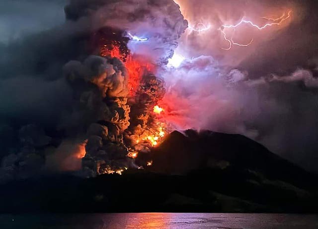 <p>Mount Ruang spewing hot lava and smoke as seen from Sitaro, North Sulawesi</p>
