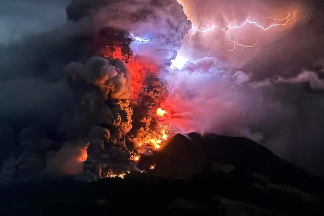 <p>Mount Ruang spewing hot lava and smoke as seen from Sitaro, North Sulawesi</p>