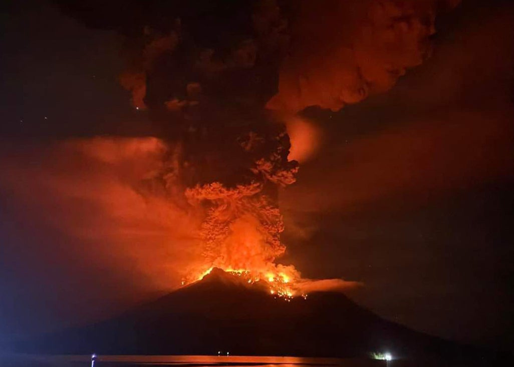 Mount Ruang releasing hot lava and smoke in Sangihe Islands as seen from Sitaro, North Sulawesi