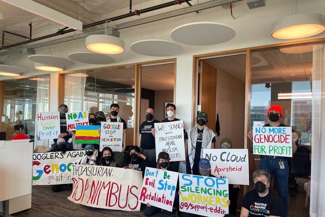 <p>Google staffers stage a sit-in at the company’s office on Tuesday in protest over a cloud computing contract with the Israeli government. </p>