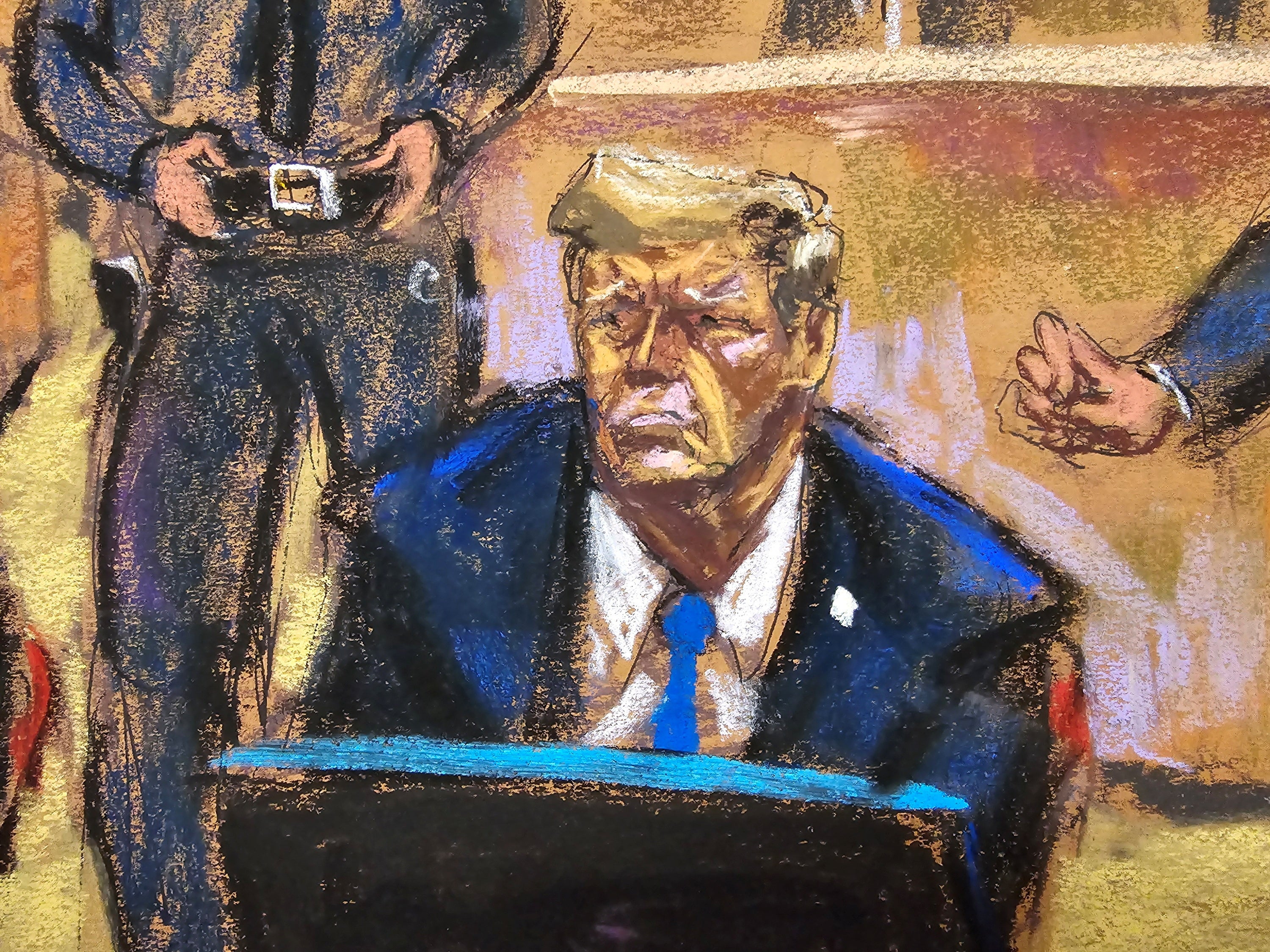 A court sketch shows Trump sitting in the courtroom. He was forced to listen to a wide range of opinions about him, many negative