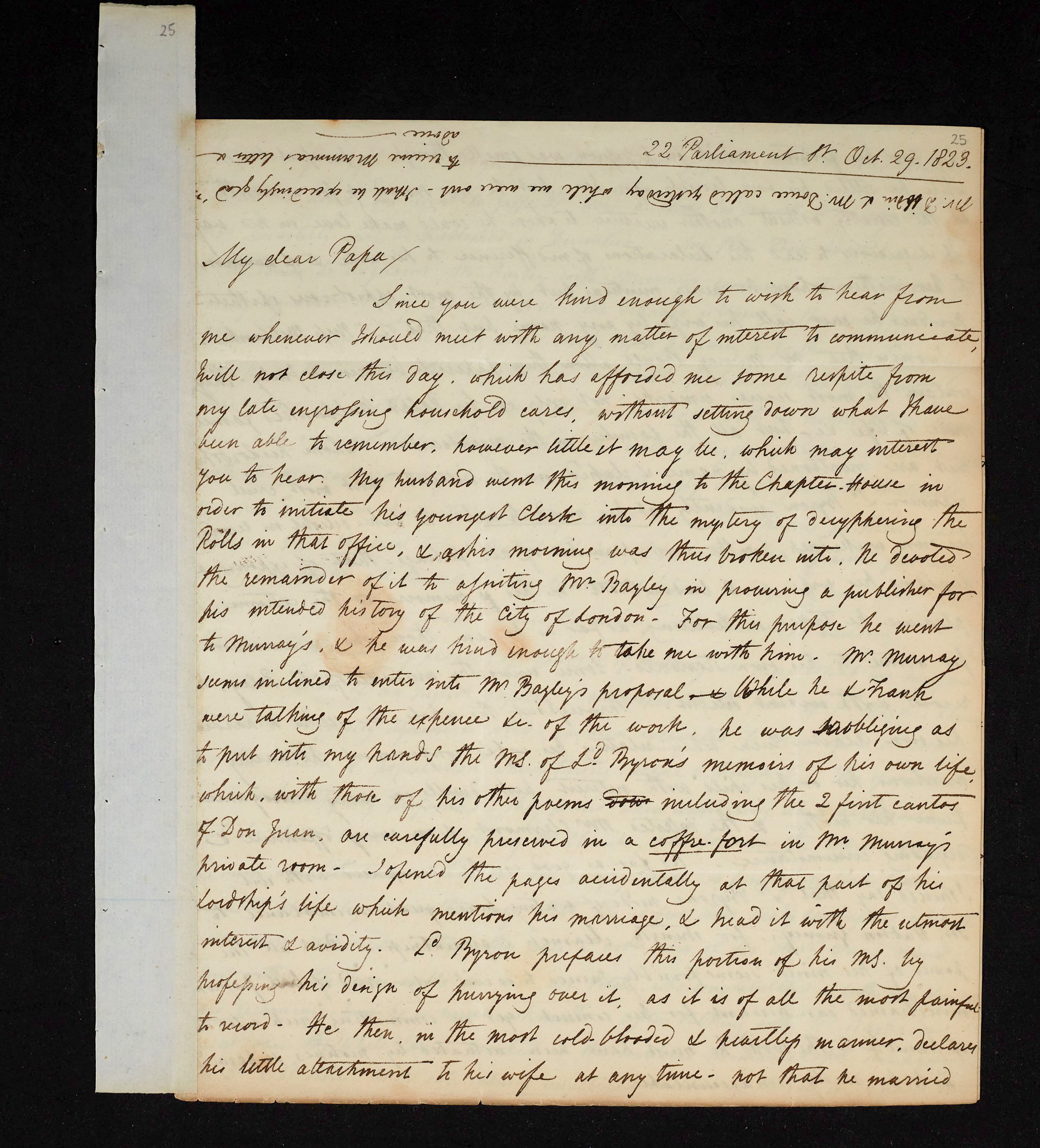 Page one of a letter dated 29 October 1823 describing Lord Byron's memoirs
