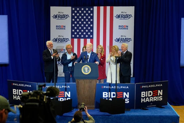 <p>President Joe Biden speaks alongside members of the Kennedy family as he accepts their endorsement during a campaign event in Philadelphia on Thursday</p>