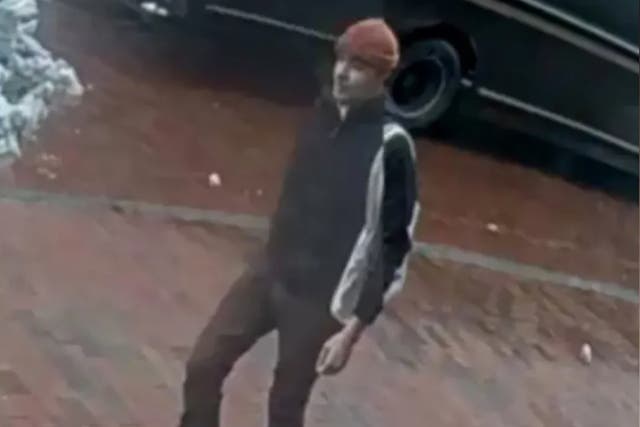 <p>Shant Soghomonian, 35, spotted on surveillance video near Senator Bernie Sanders’s office in Burlington, Vermont. Mr Soghomonian is accused of setting a fire at the senator’s office and has been indicted by a grand jury</p>