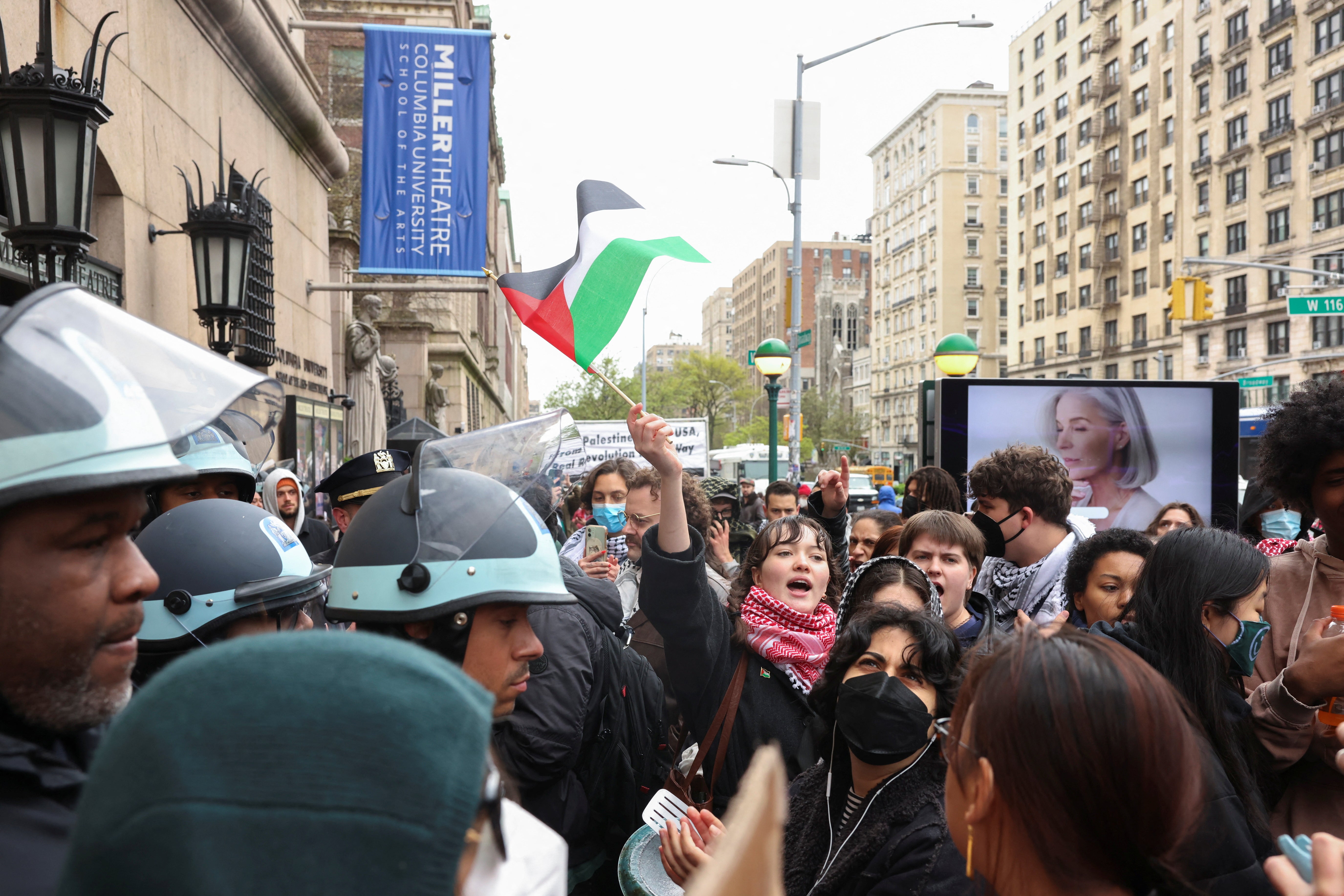 Demonstrators protest in solidarity with Pro-Palestinian organizers on the Columbia University campus