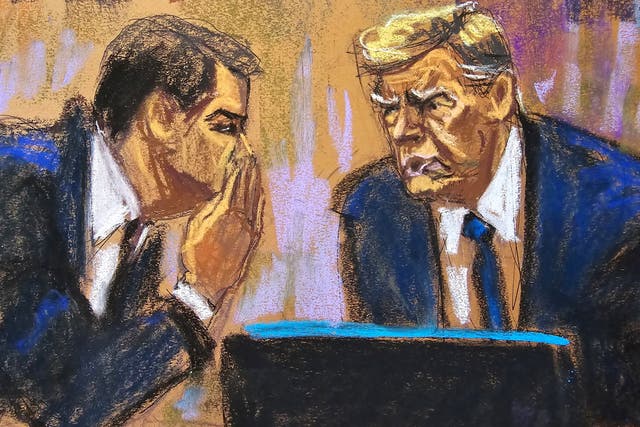 Former U.S. President Donald Trump listens to his lawyer Todd Blanche during jury selection of his criminal trial on charges that he falsified business records to conceal money paid to silence porn star Stormy Daniels in 2016, in Manhattan state court in New York City, U.S. April 18, 2024 in this courtroom sketch