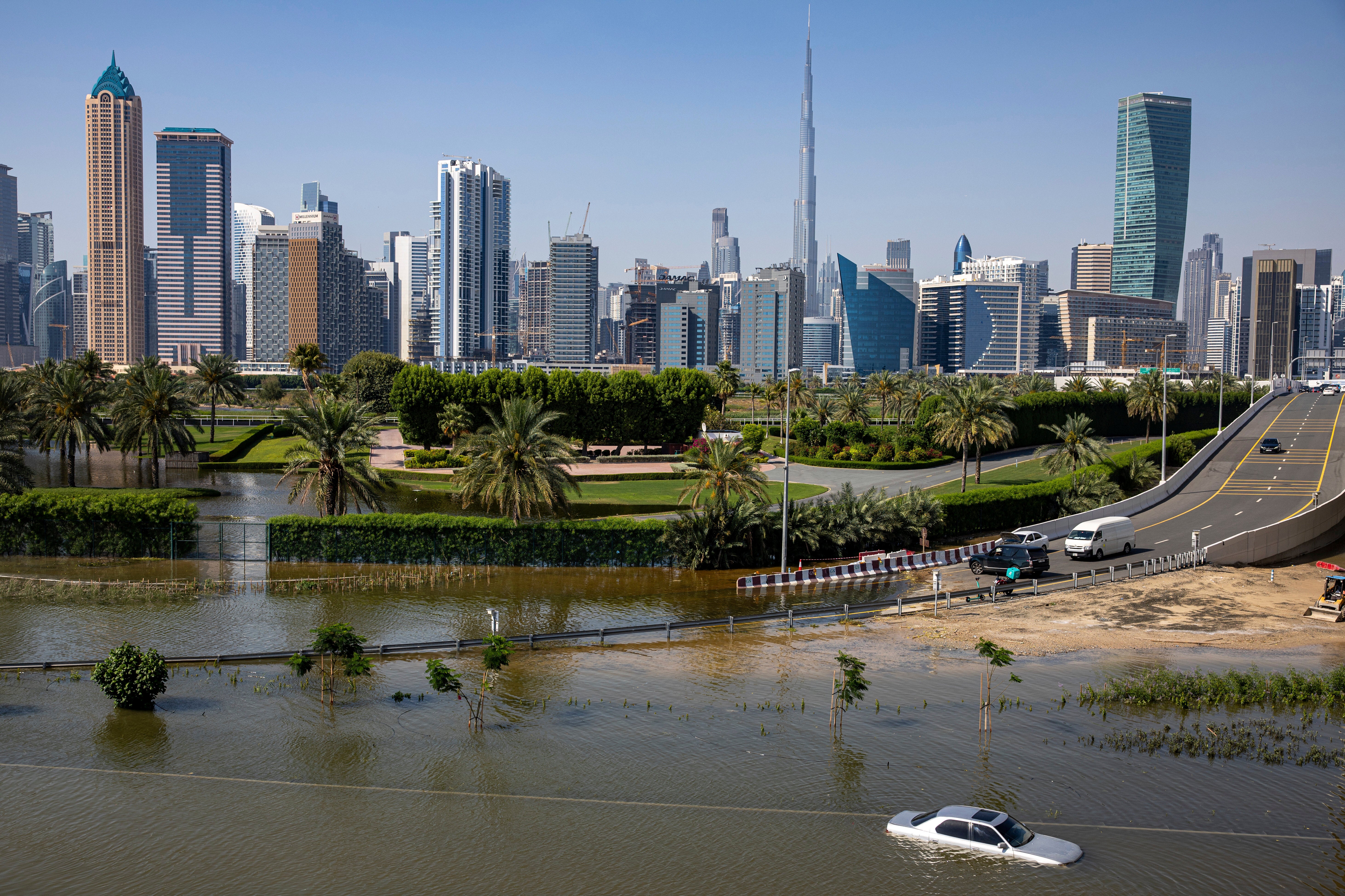 An abandoned car in floodwater caused by heavy rain in Dubai in April