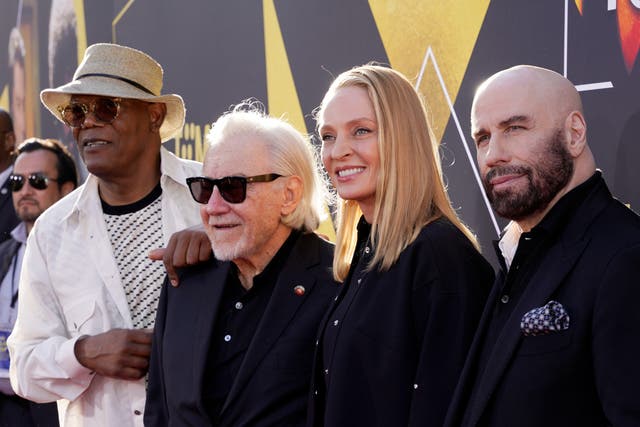 <p> Samuel L Jackson, Harvey Keitel, Uma Thurman and John Travolta at the 30th Anniversary of ‘Pulp Fiction’ event </p>