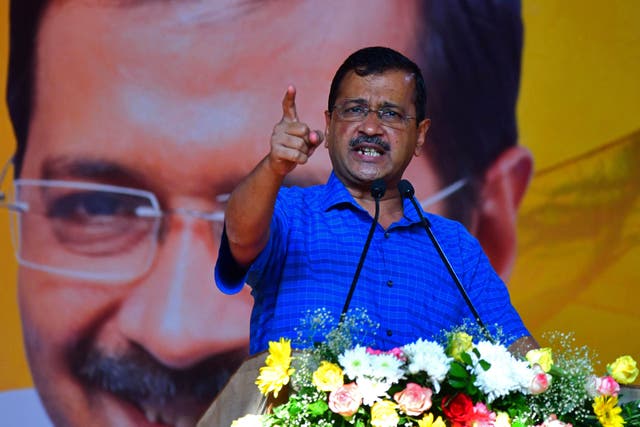 <p>Delhi’s chief minister Arvind Kejriwal speaks during a public rally</p>