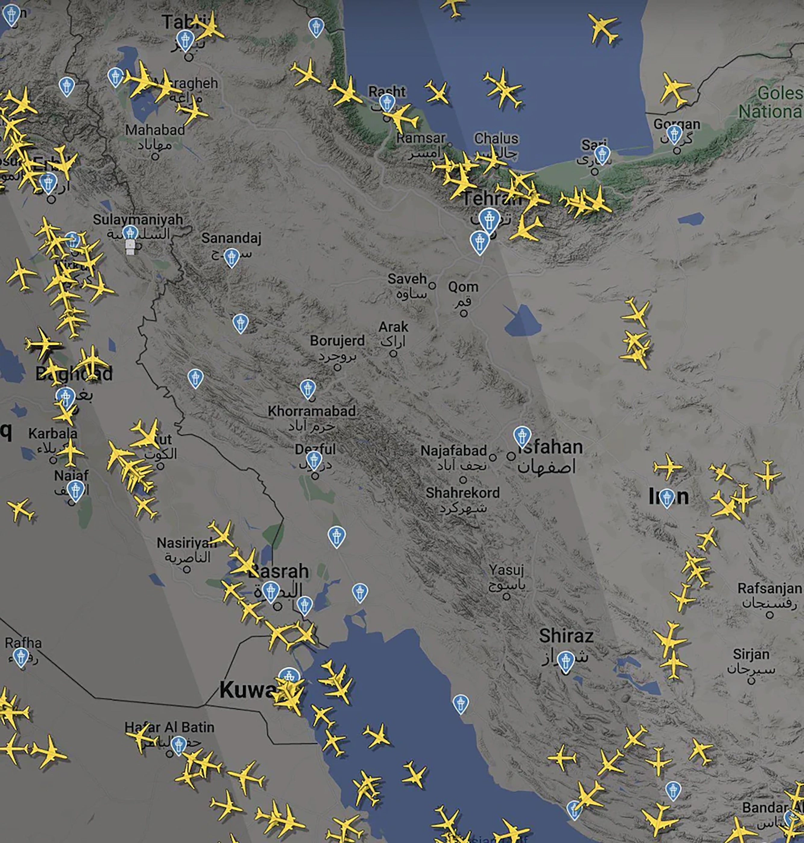 Flights in Tehran, Isfahan and Shiraz were suspended for over two hours