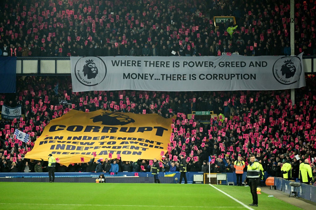 Everton fans protest the club’s 10 point deduction for violating the Premier League’s profit and sustainability rules earlier this season – the punishment was later reduced to six