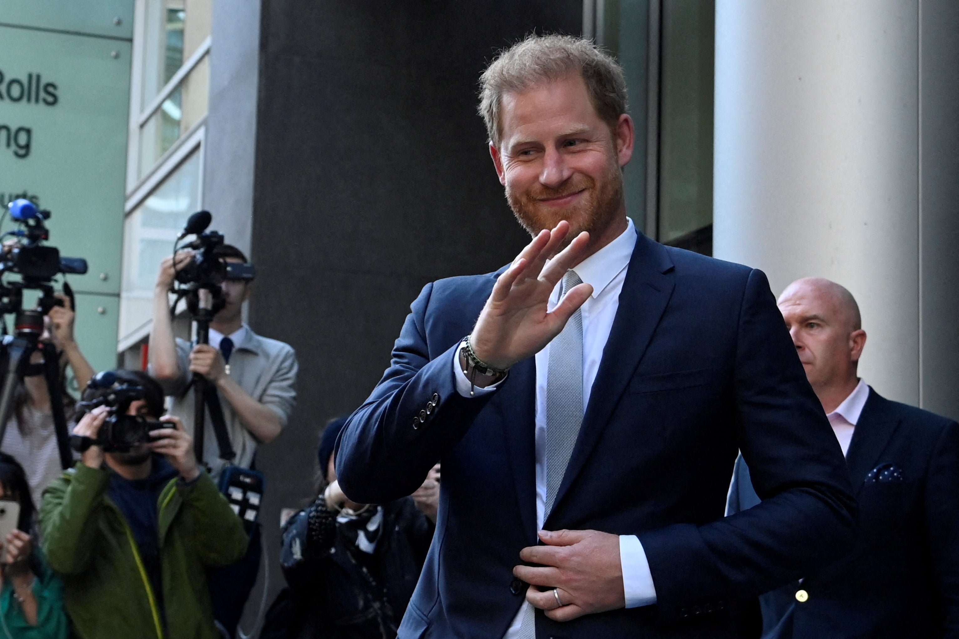 Britain's Prince Harry, Duke of Sussex, waves as he departs the Rolls Building of the High Court in London, Britain June 7, 2023.