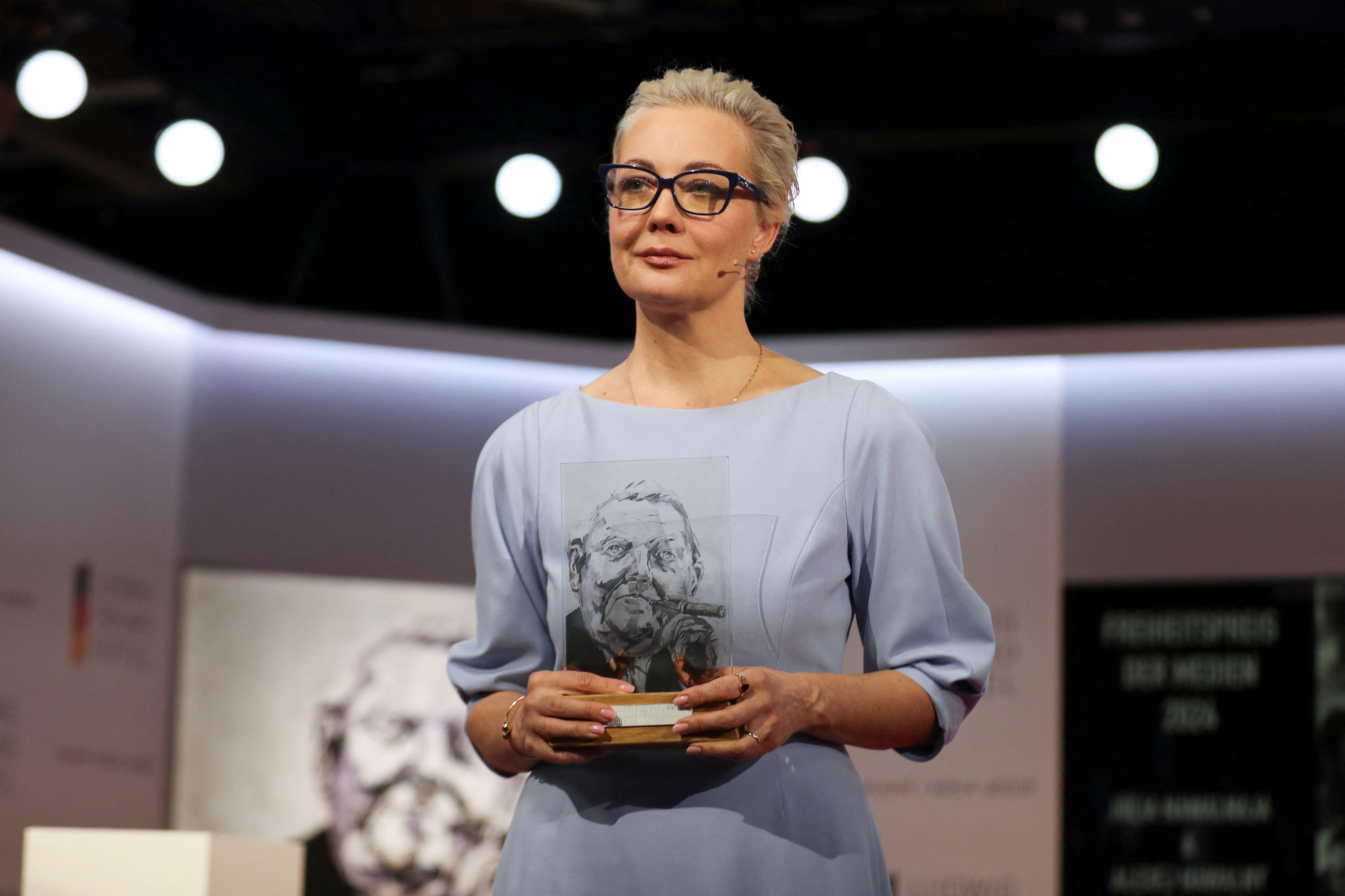 File photo: Yulia Navalnaya, the widow of late Russian opposition leader Alexei Navalny, poses with the ‘Media Freedom Prize’