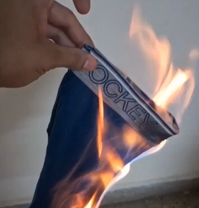 <p>Pants on fire: a still from a video of NCM India’s underwear burning campaign posted on Twitter/X </p>