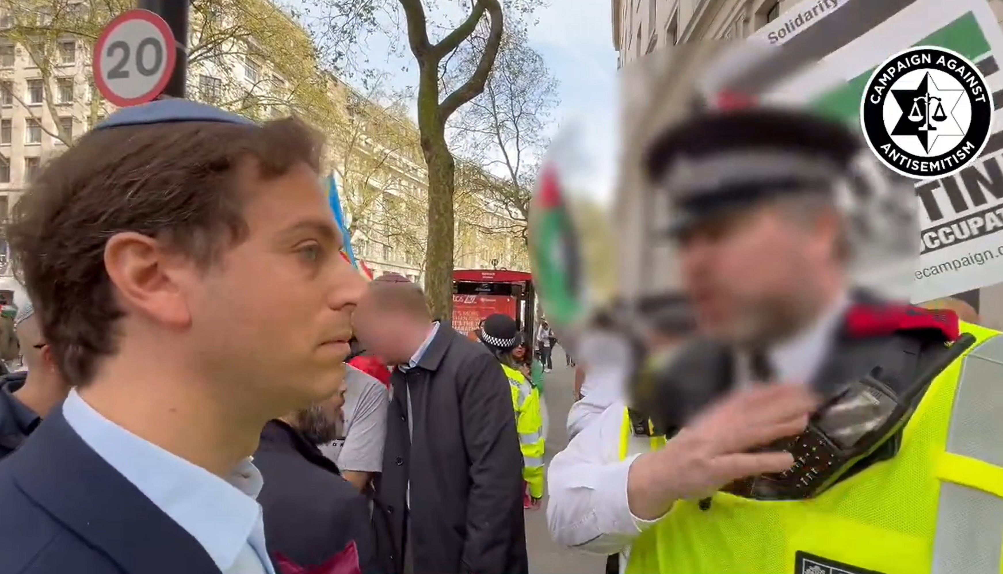 Gideon Falter was wearing a kippah skullcap when he was stopped from crossing the road near the demonstration in Aldwych on Saturday 13 April