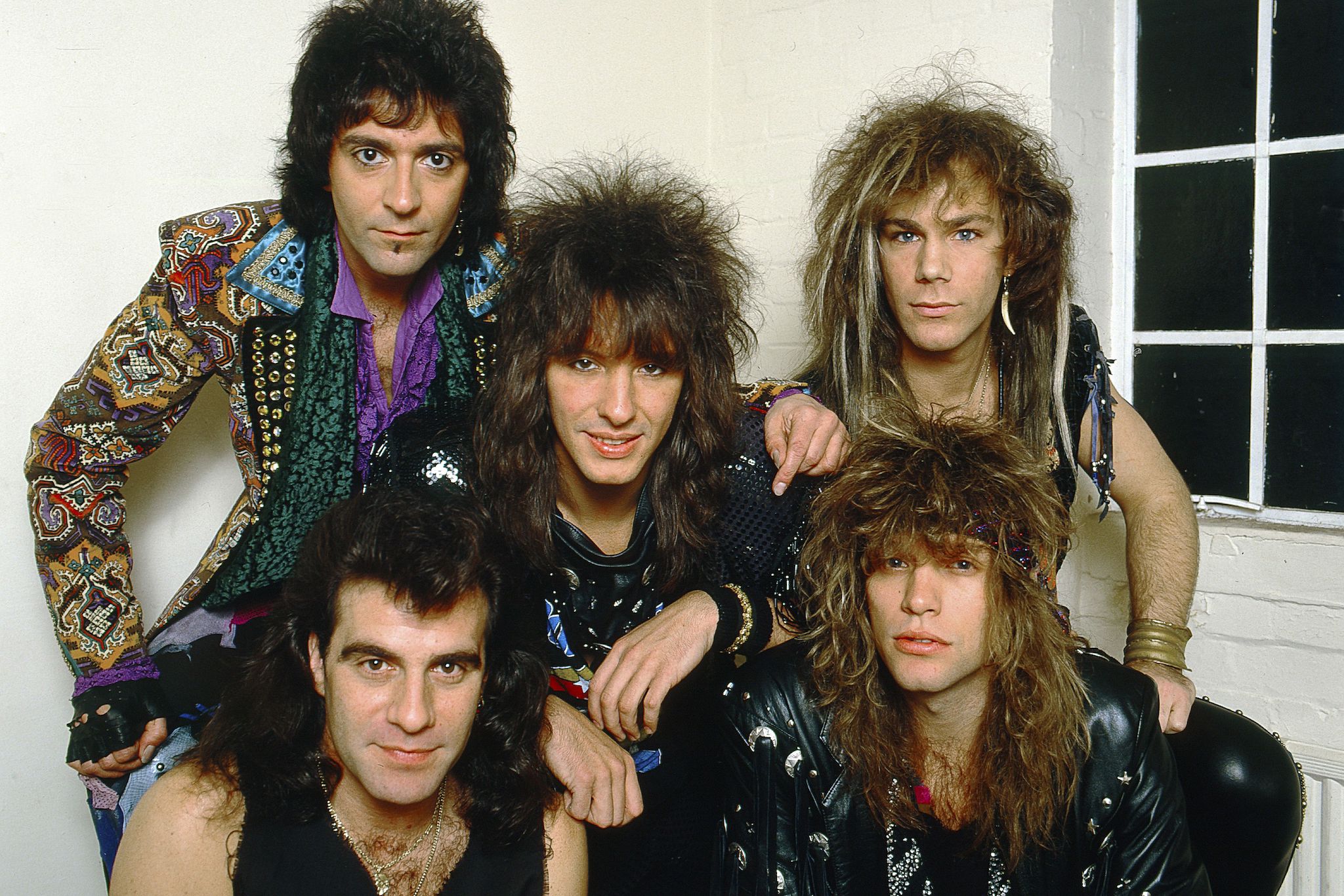 Bon Jovi backstage at the Norwich Playhouse in 1986: Tico Torres, Richie Sambora, Alec John Such, David Bryan and Jon Bon Jovi