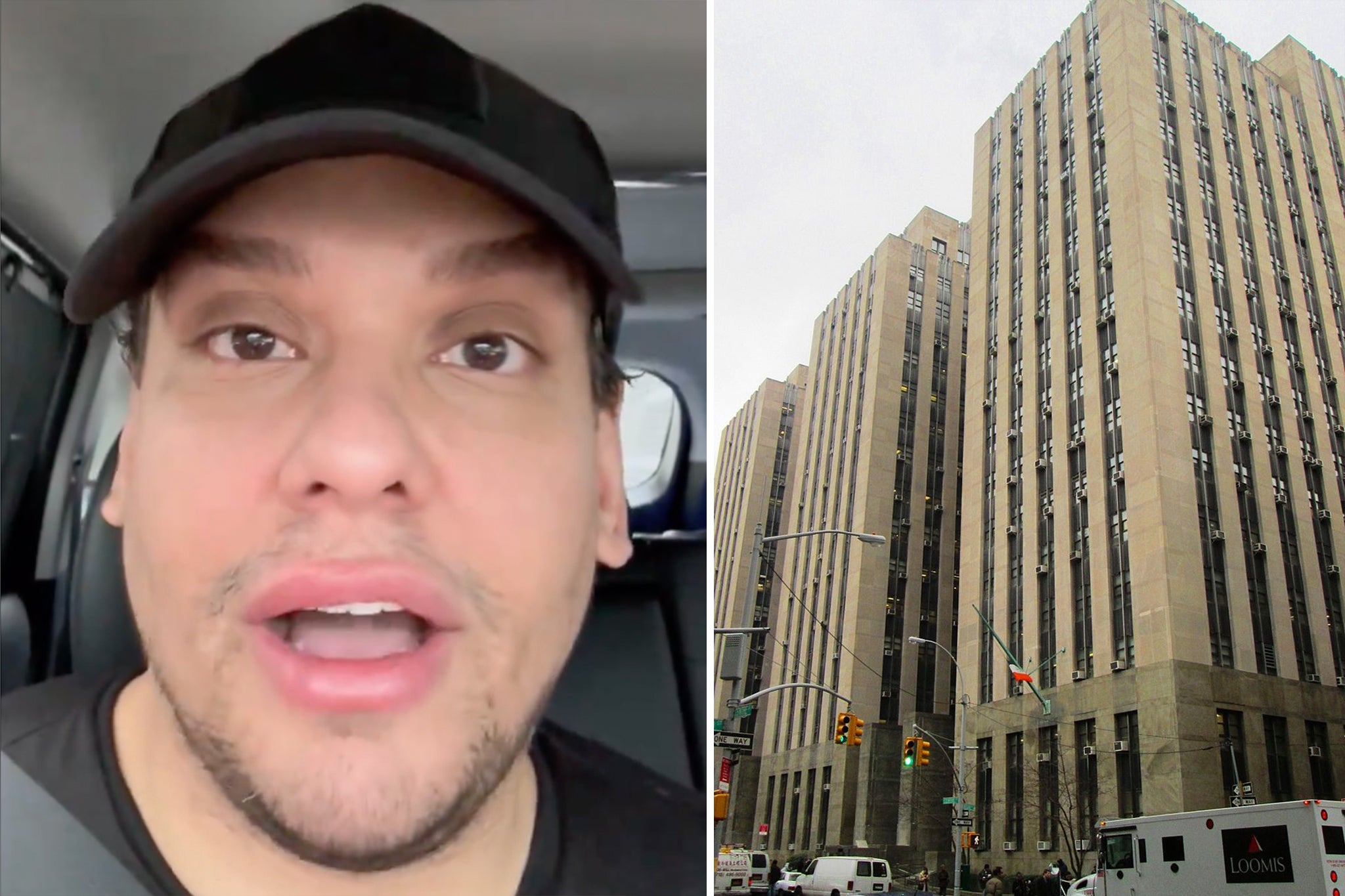 George Santos, pictured in a selfie video (left), was spotted outside the Manhattan Criminal Court (right) on Thursday where Donald Trump is on trial