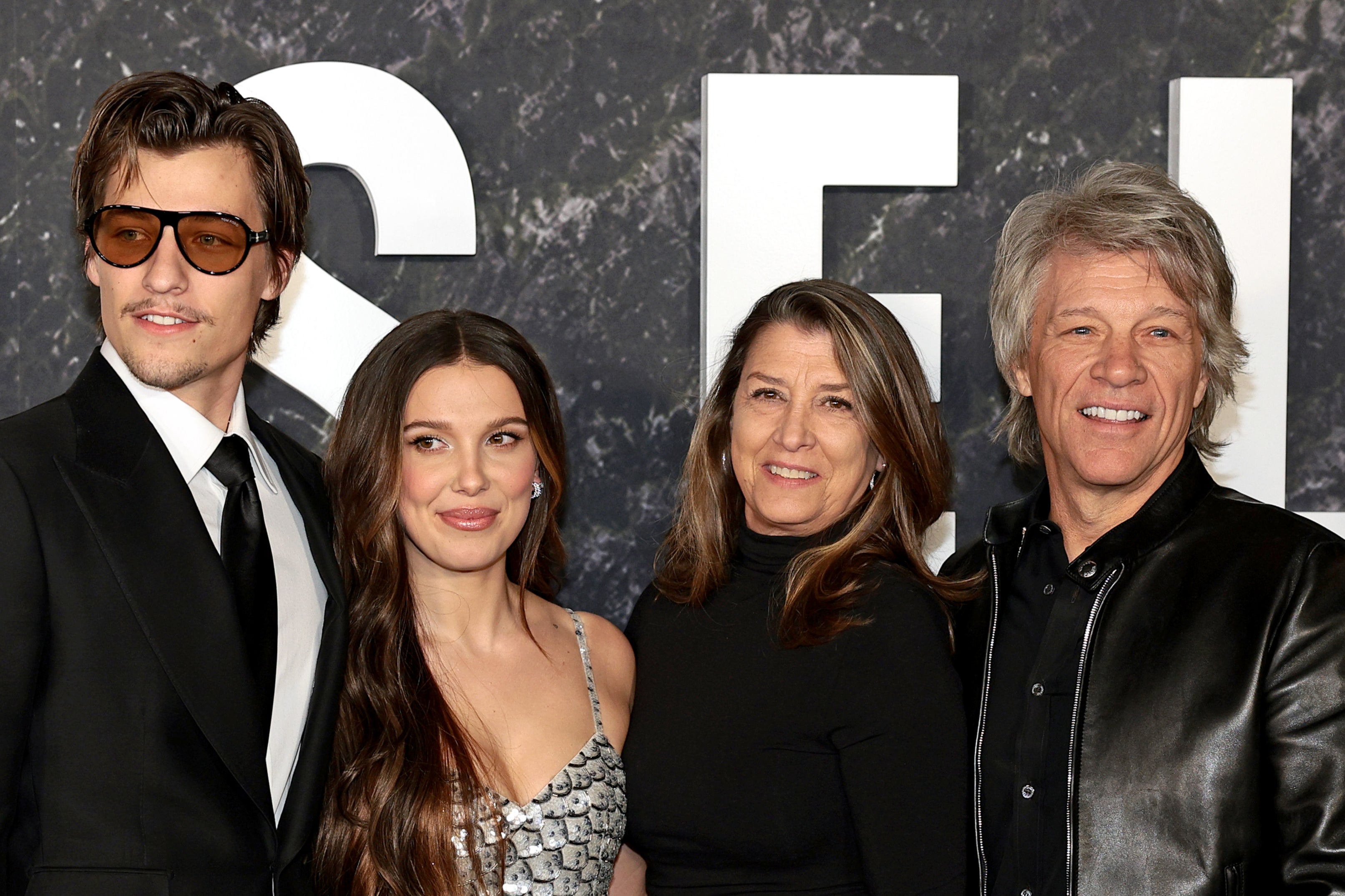 Jake Bongiovi, Millie Bobby Brown, Dorothea Hurley, and Jon Bon Jovi at the New York premiere of ‘Damsel'