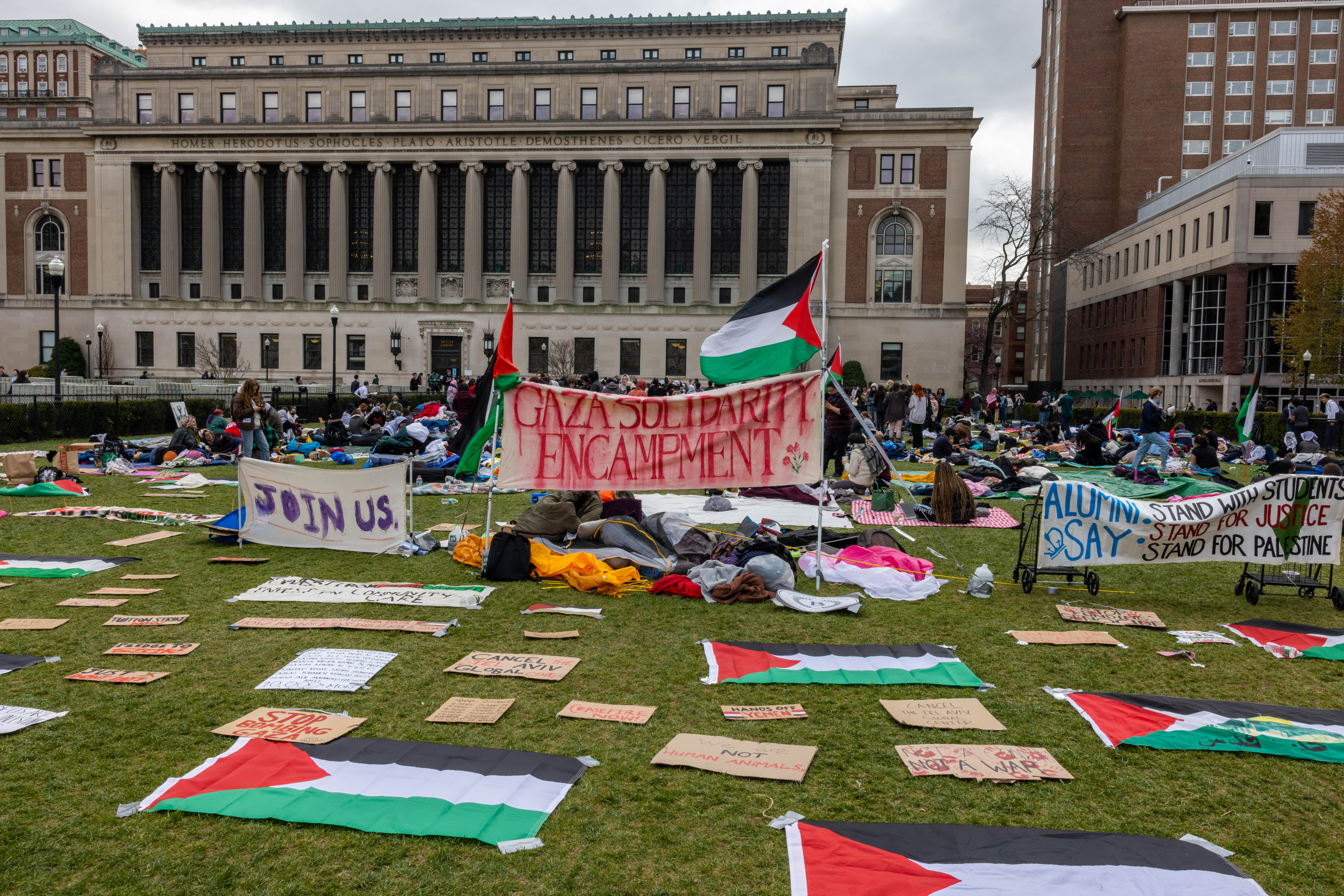 Students occupy the campus ground of Columbia University in support of Palestinians, in New York City, on April 19, 2024. Officers cleared out a pro-Palestinian campus demonstration on April 18