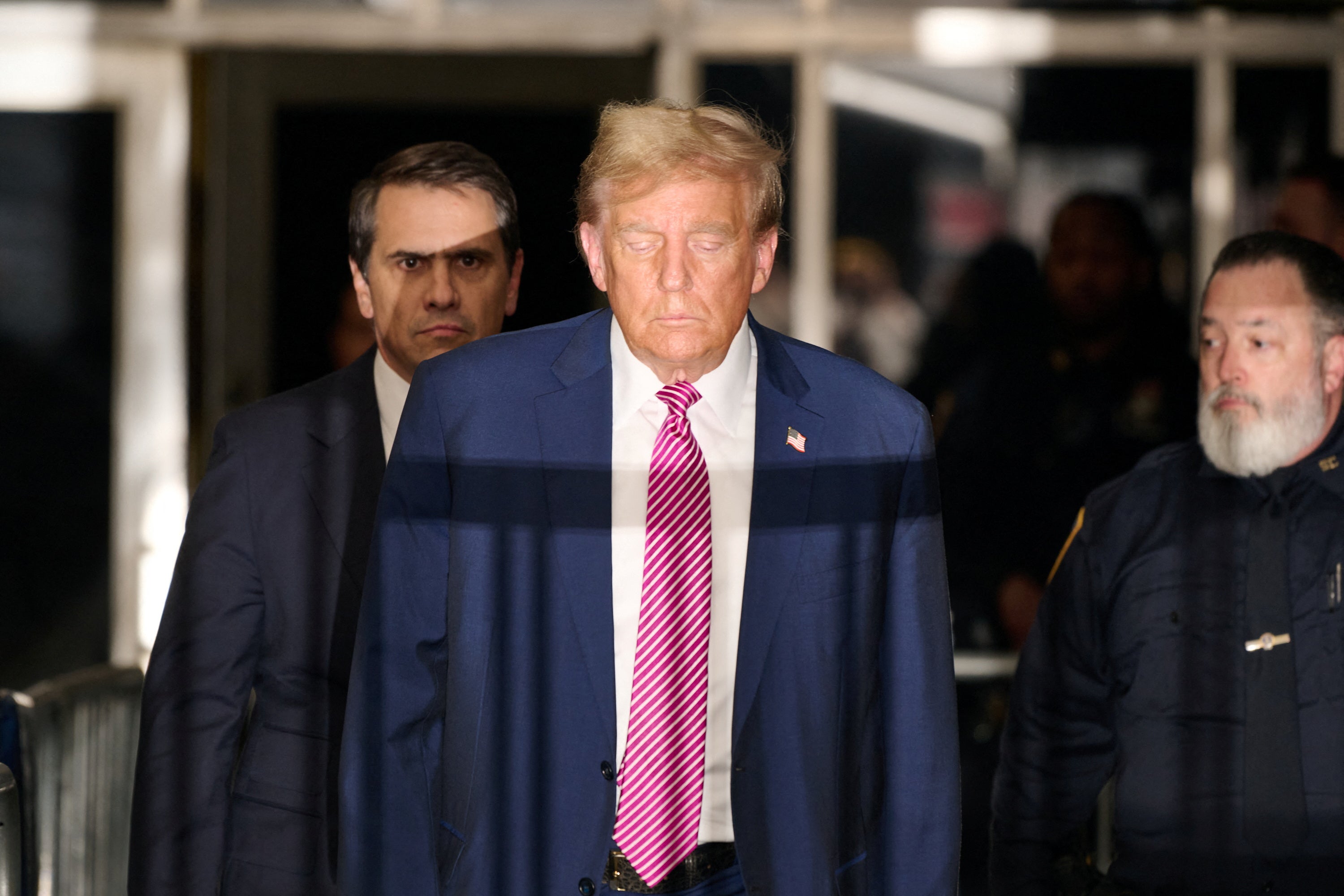 Donald Trump leaves a Manhattan criminal courthouse on 19 April.