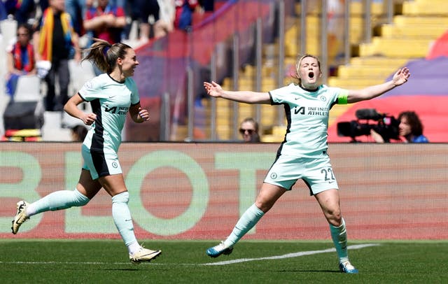 <p>Erin Cuthbert celebrates her winning goal as Chelsea stunned Barcelona </p>