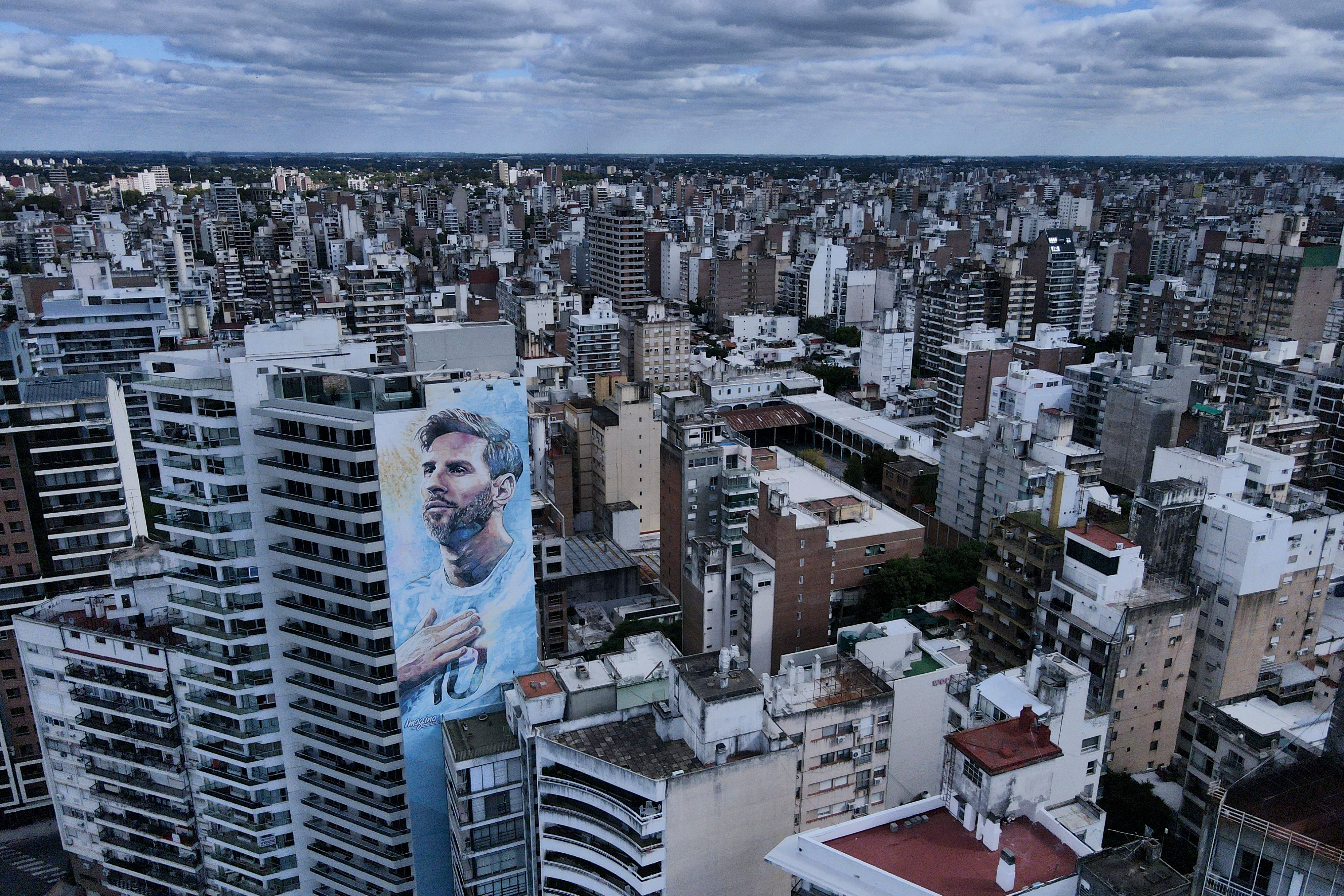 A mural of soccer player Lionel Messi covers a building in Rosario, Argentina