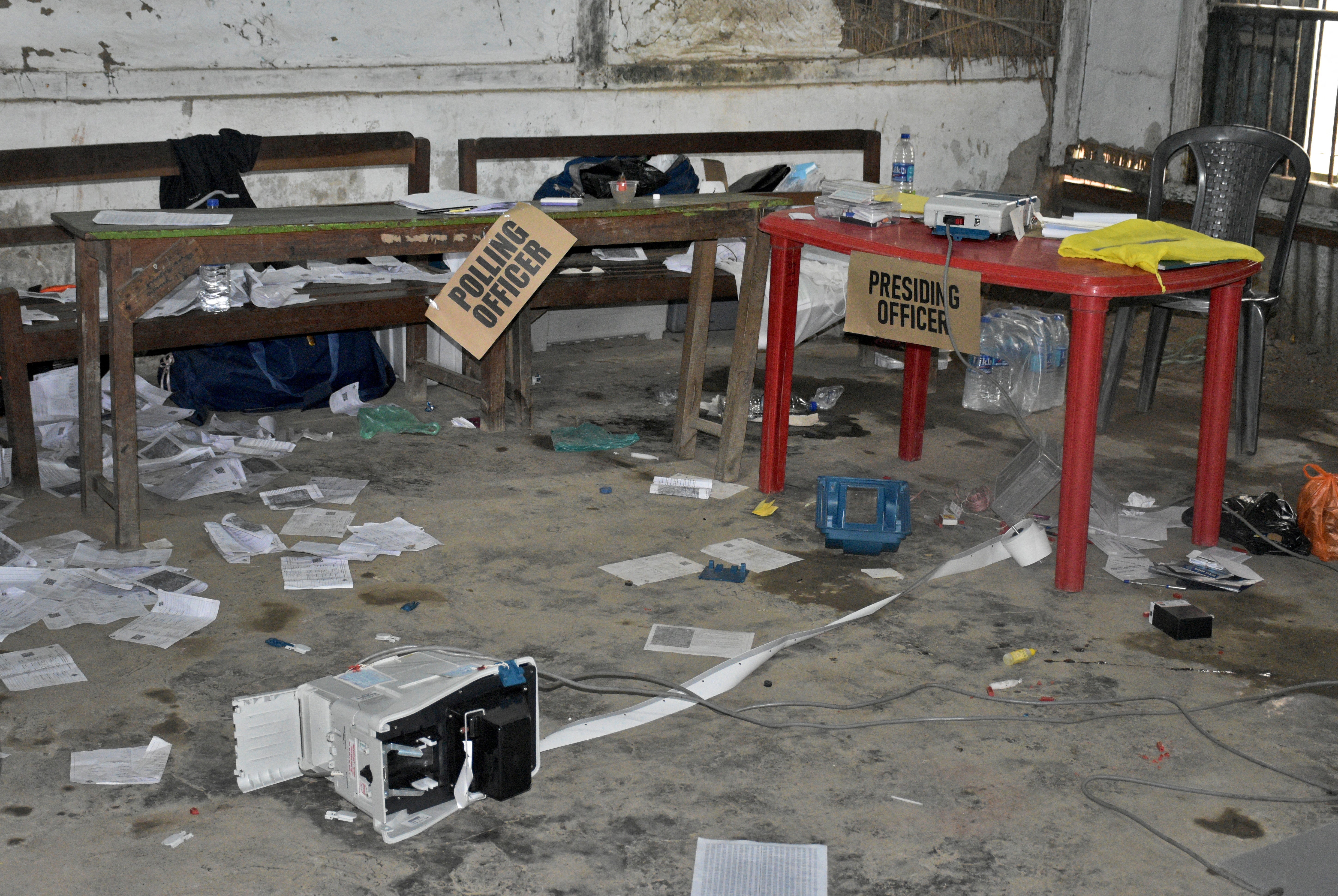 A view of a polling station that was damaged by a crowd during the first phase of the general election, in Khurai in Imphal East, Manipur