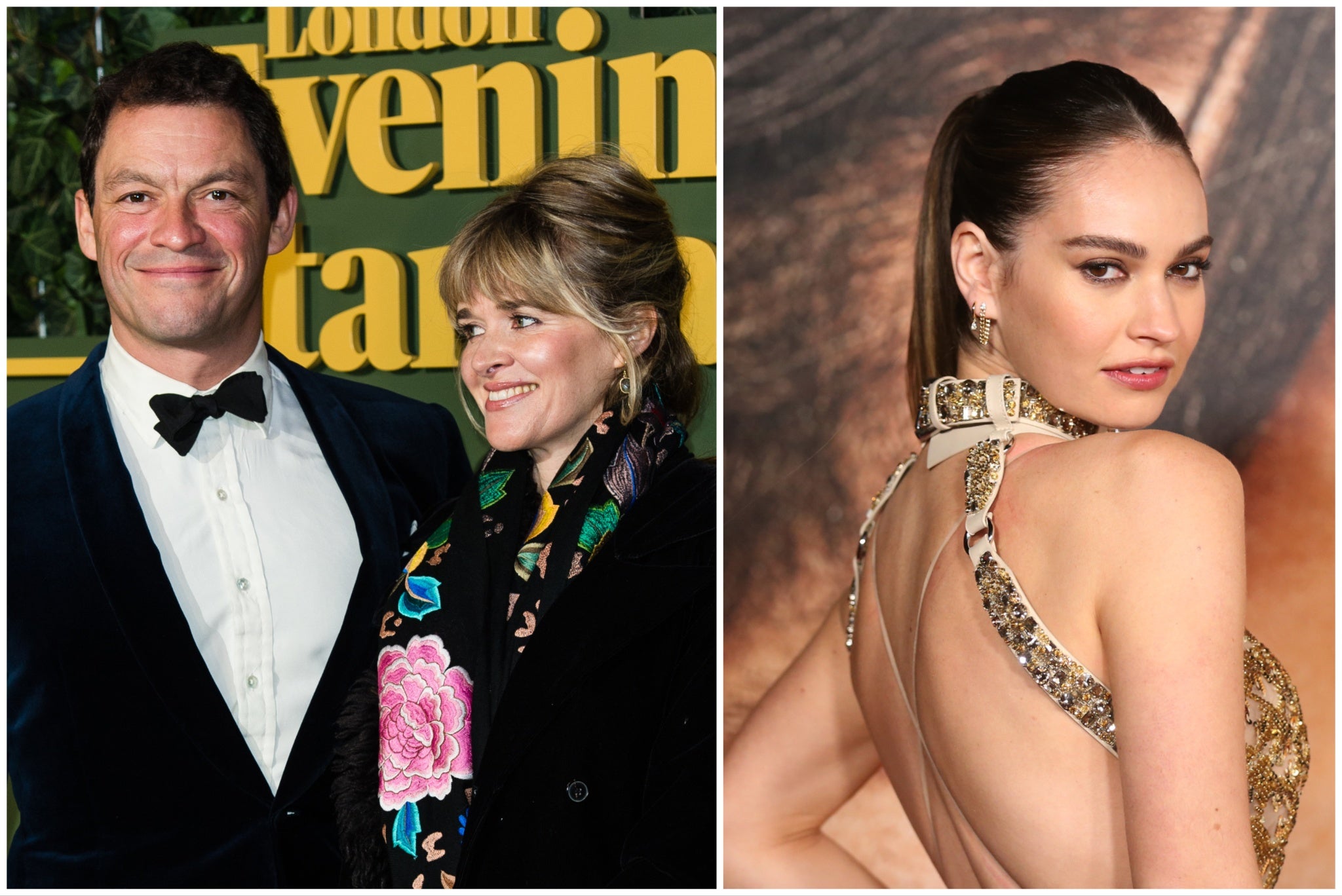 <p>Dominic West and his wife Catherine (left), and actor Lily James</p>