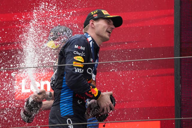 Max Verstappen celebrated winning Sunday’s Chinese Grand Prix (Andy Wong/AP)