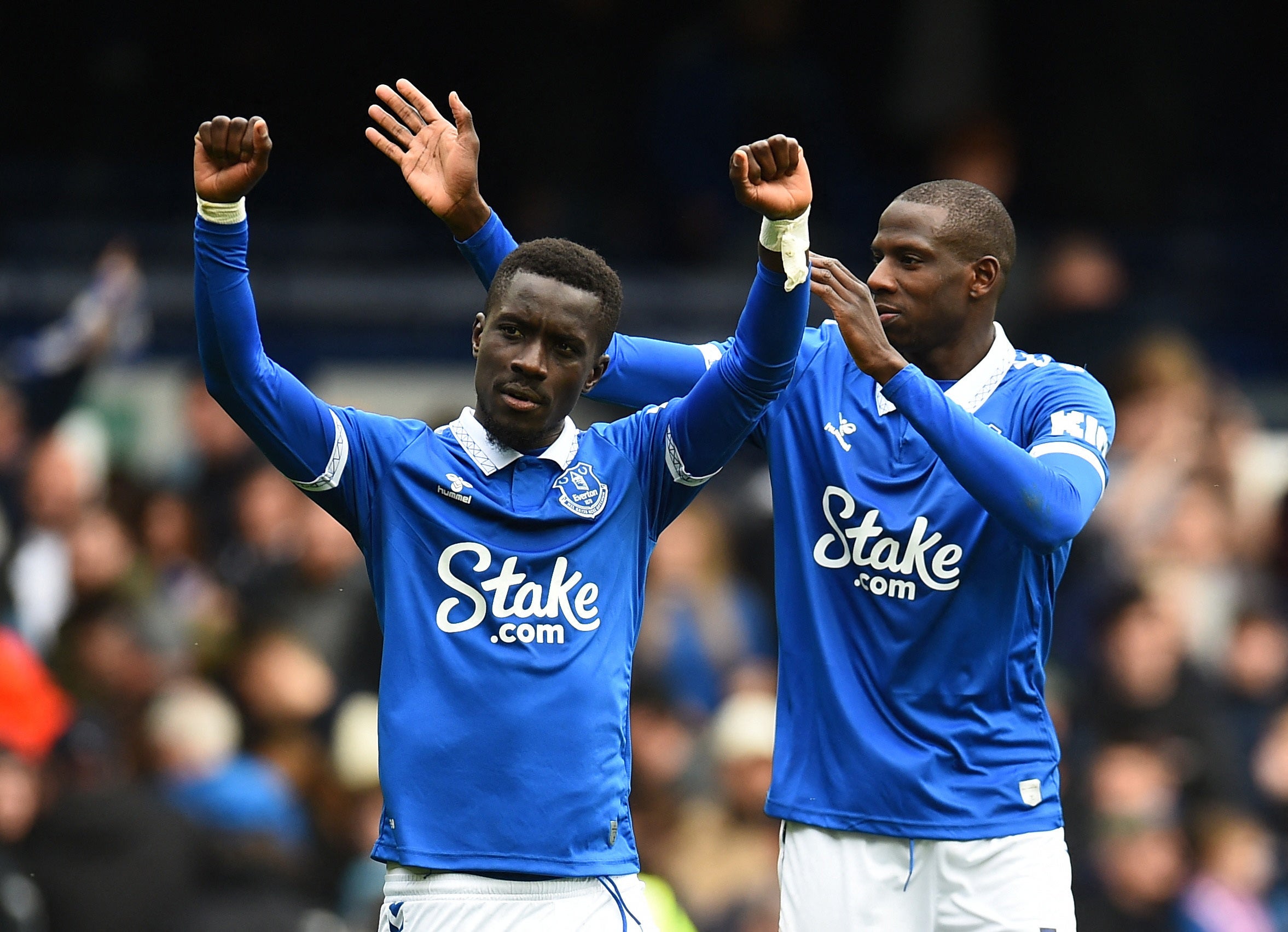 Idrissa Gueye, left, celebrates after scoring Everton’s first goal