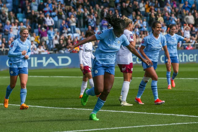 Khadija Shaw helped Manchester City move three points clear at the top of the WSL (Ian Hodgson/PA)
