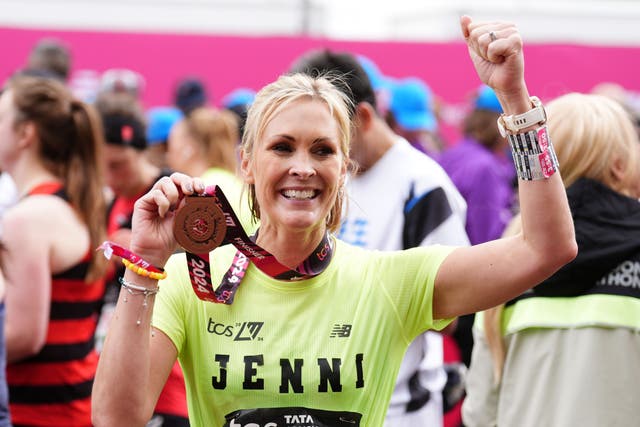 Jenni Falconer after finishing the TCS London Marathon (John Walton/PA)