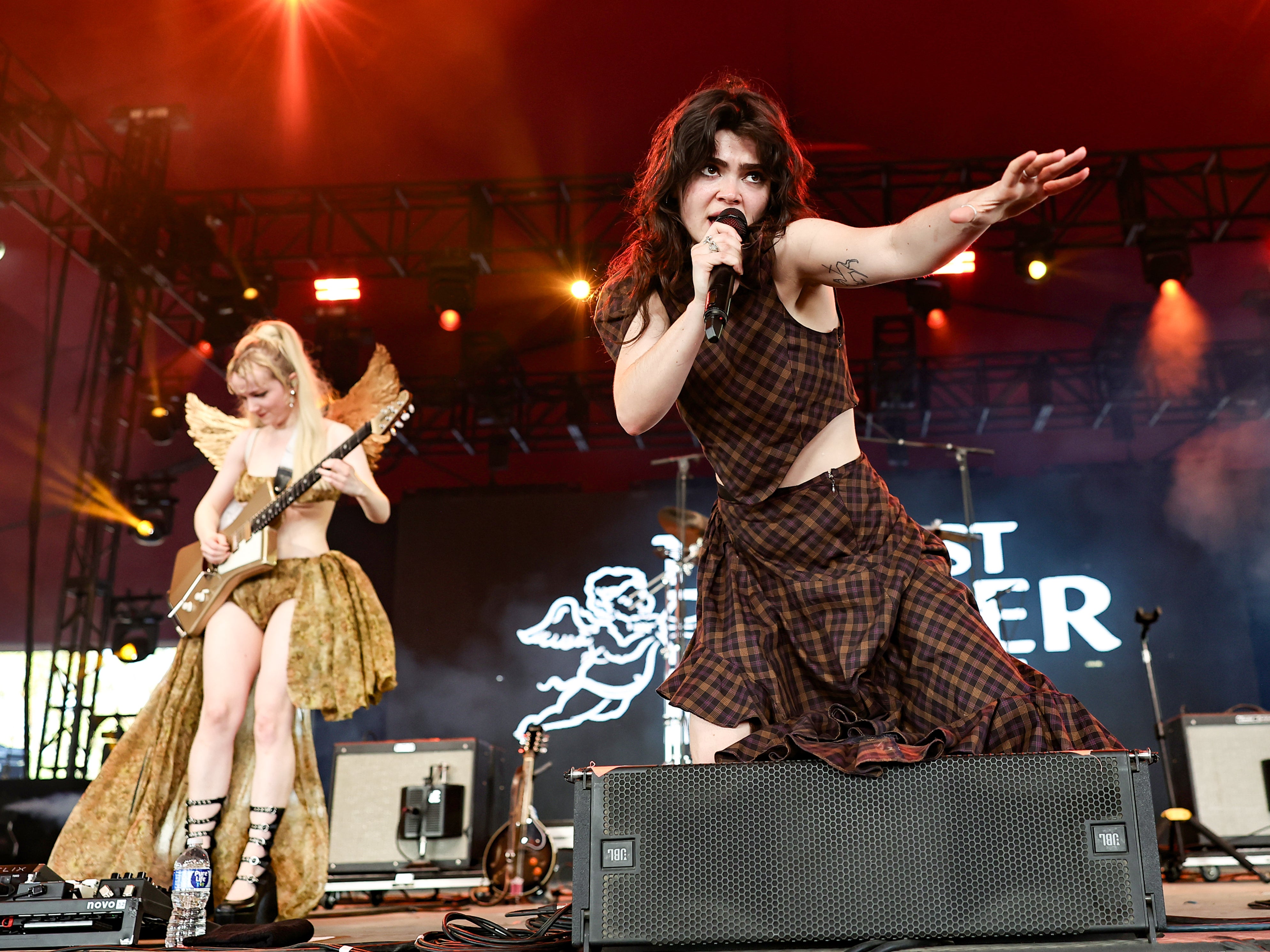 Emily Roberts, and Abigail Morris of The Last Dinner Party perform at the Gobi Tent during the 2024 Coachella Valley Music and Arts Festival at Empire Polo Club on 20 April 2024 in Indio, California.