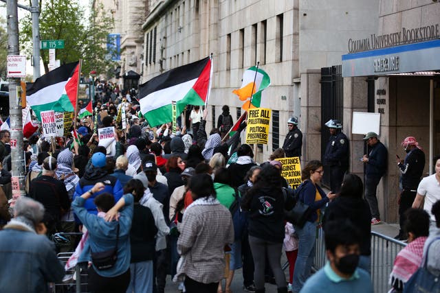 Pro-Palestinian activist protest outside Columbia University in New York City on April 20, 2024