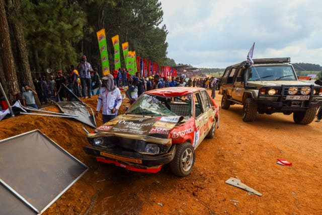 <p>A general view of the accident spot at Fox Hill motor cross racing circuit in Diyatalawa after a car crashed into the crowd</p>