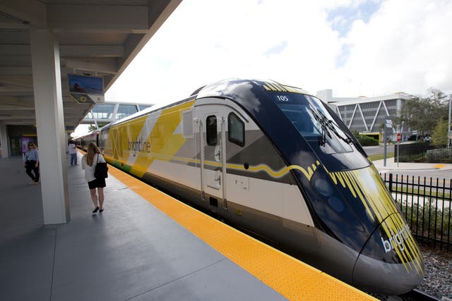 <p>A Brightline train is shown at a station in Fort Lauderdale, Florida on 11 January 2018. Brightline West broke ground on a new, high-speed route between Los Angeles and Las Vegas on 22 April, 2024 </p>