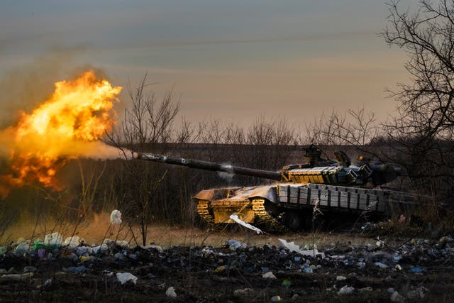 <p>A Ukrainian tank of the 17th Tank Brigade fires at Russian positions in Chasiv Yar, the site of fierce battles with Russian troops </p>