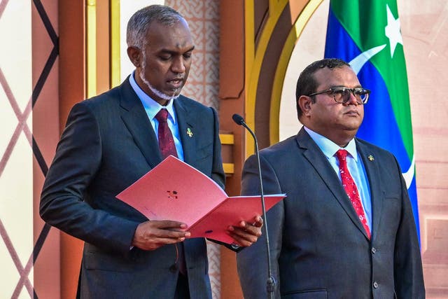 <p>Mohamed Muizzu reads out the oath during his inauguration ceremony as Maldives president on 17 November 2023</p>