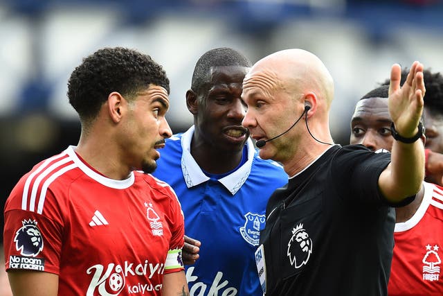 <p>Morgan Gibbs-White remonstrates with referee Anthony Taylor </p>