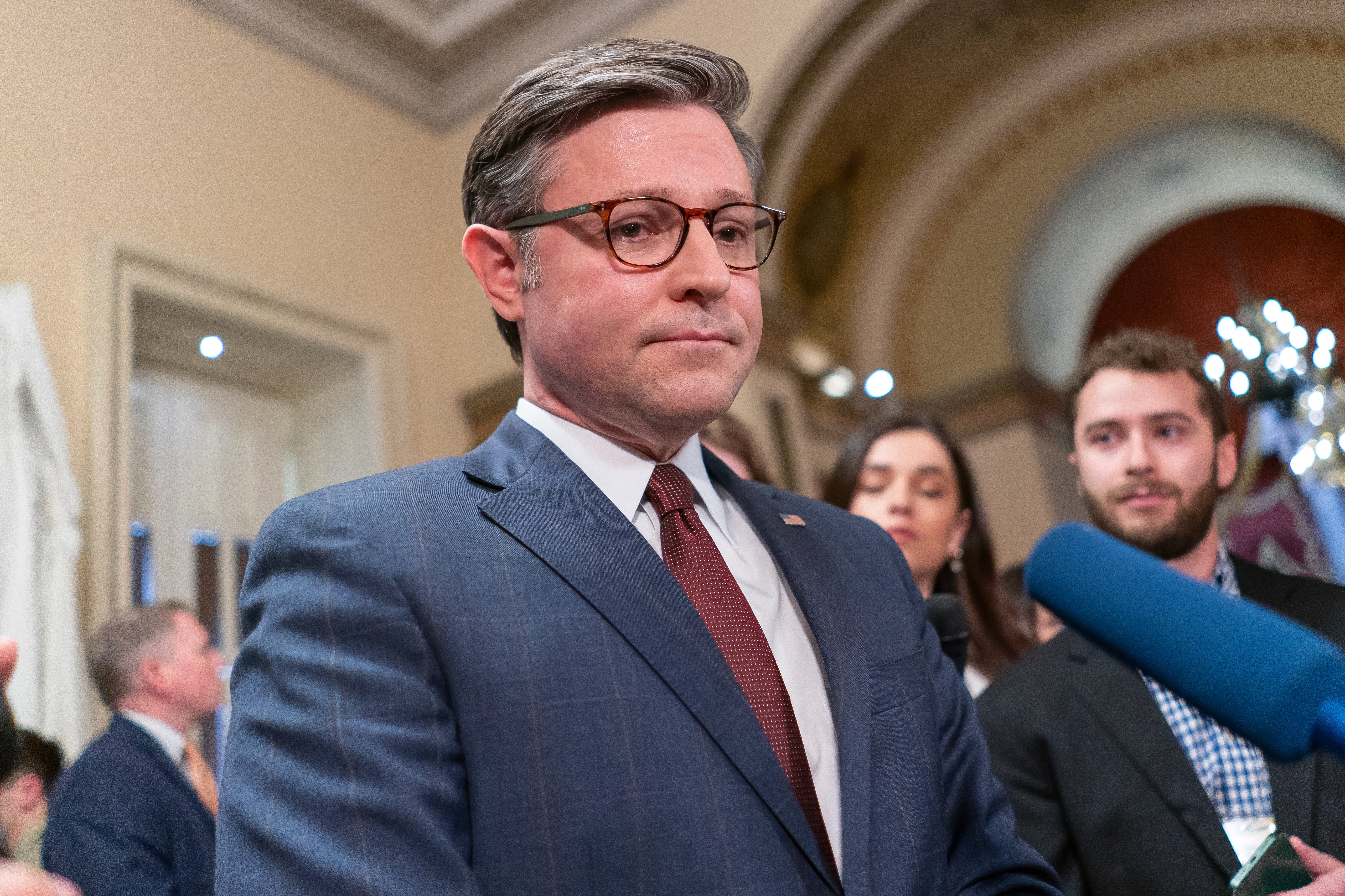 <p>WASHINGTON, DC - APRIL 20: Speaker of the House Mike Johnson (R-LA) speaks with members of the media following passage of a series of foreign aide bills at the U.S. Capitol on April 20, 2024 in Washington, DC. The House is passed a $95 billion foreign aid package today for Ukraine, Israel and Taiwan. (Photo by Nathan Howard/Getty Images)</p>
