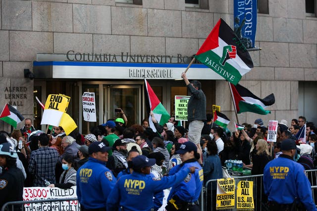 <p>Columbia University is seeing an uptick in pro-Palestinian protests, such as the one pictured on 20 April, since school officials testified to Congress last week about potential antisemitism on their campus</p>