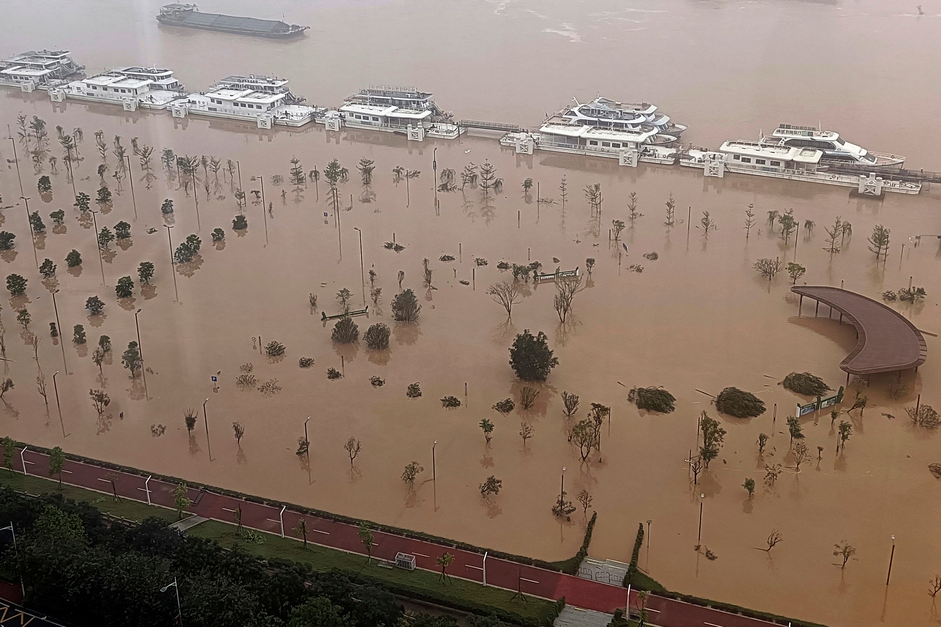 A flooded riverside park along the Beijiang river in Qingyuan city in southern China's Guangdong