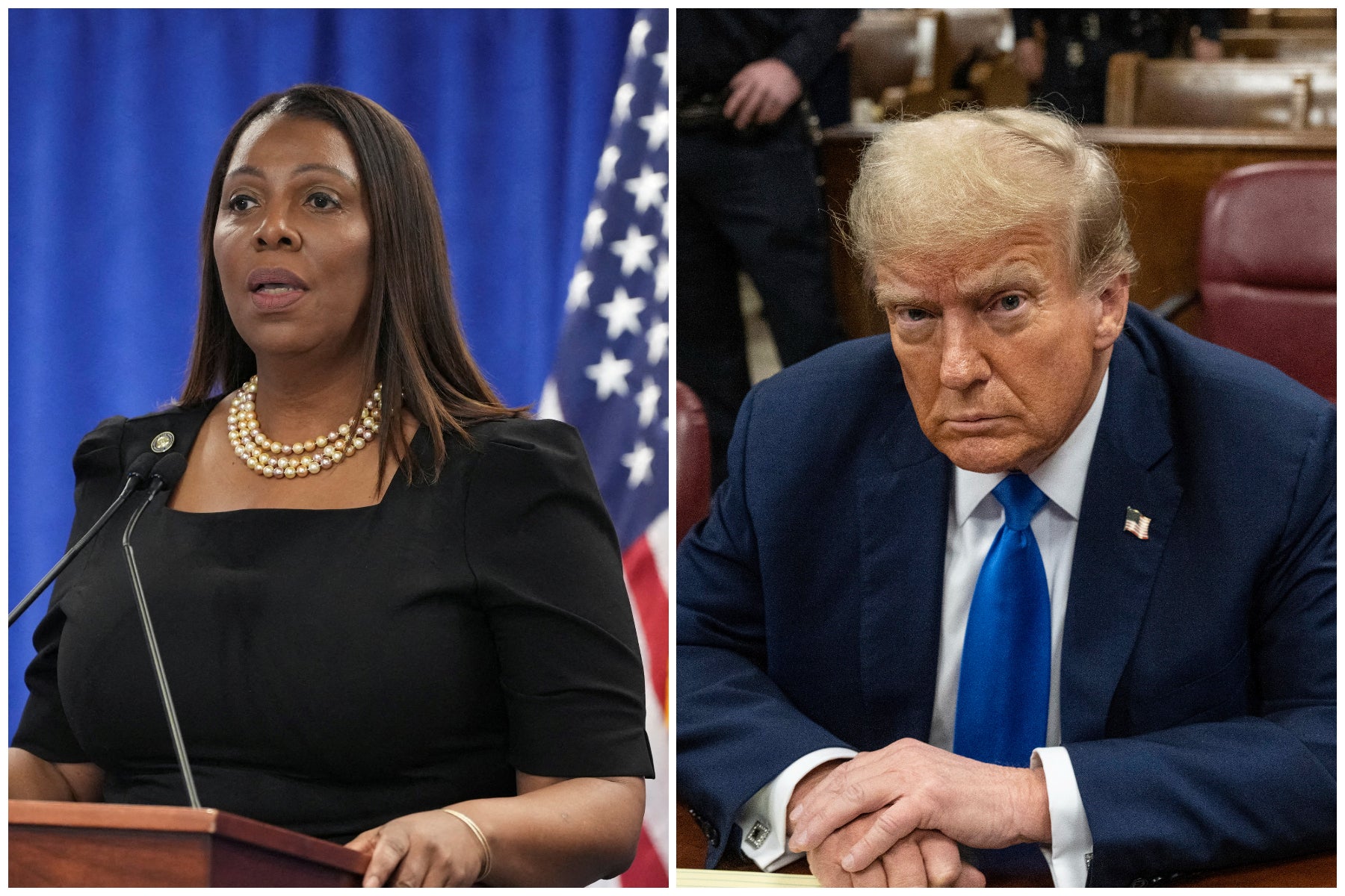 New York Attorney General Letitia James (left) and Donald Trump (right) have come to an agreement so the former president can move forward with the $175m bond in his civil fraud judgement
